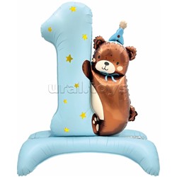 Шар (35''/89 см) Цифра, 1 Годик, Мишка в колпачке, Голубой, Сатин, 1 шт. в уп.