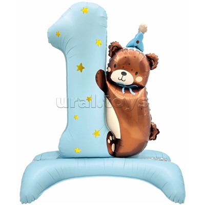 Шар (35''/89 см) Цифра, 1 Годик, Мишка в колпачке, Голубой, Сатин, 1 шт. в уп.