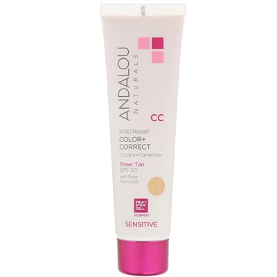 Andalou Naturals, CC 1000 Roses, тон + коррекция, для чувствительной кожи, SPF 30, легкий загар, 58 мл (2 жидк. унции)