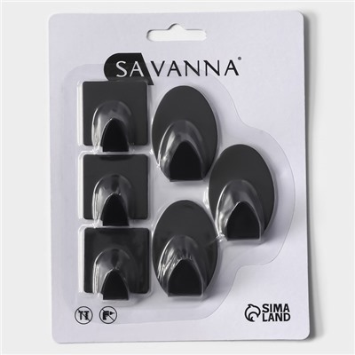 Крючки самоклеящиеся SAVANNA Black Loft, 6 шт., металл, 5.3×3.5 см, чёрные