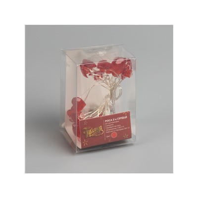 Гирлянда «Нить» 2 м роса с насадками «Сердце», IP20, серебристая нить, 20 LED, свечение красное, 2 режима, ААх2