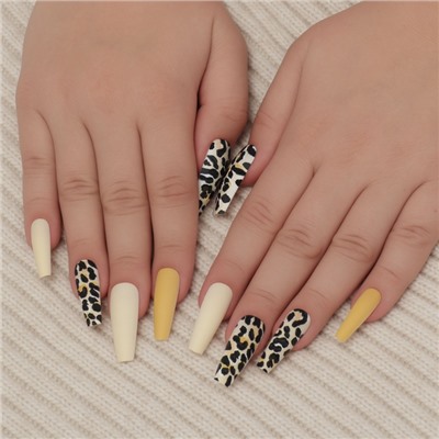Накладные ногти «Леопард», 12 шт., с клеевыми пластинами, форма балерина, бежевые, чёрные