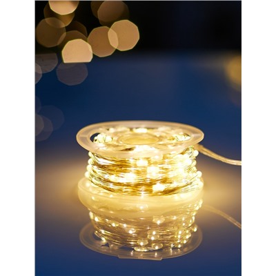 Гирлянда «Нить» 50 м роса, IP44, серебристая нить, 500 LED, пульт, 36 В, свечение тёплое белое