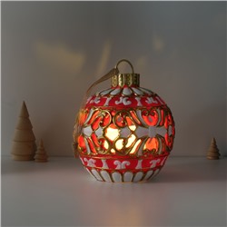 Фигурка-подвеска световая полистоун «Новогодний шар красный с белыми узорами», ёлочная игрушка, 16.5×16.5×20 см