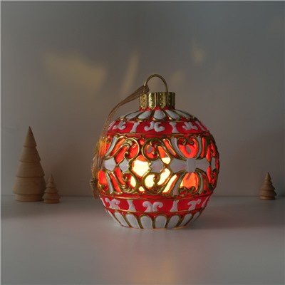 Фигурка-подвеска световая полистоун «Новогодний шар красный с белыми узорами», ёлочная игрушка, 16.5×16.5×20 см