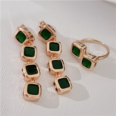 Комплект ювелирной бижутерии коллекция "Дубай" серьги и кольцо 18 р, покрытие позолота, вставка: стекло, цвет: зеленый, арт.313.492-18