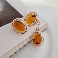 Комплект ювелирной бижутерии коллекция "Дубай",серьги и кольцо покрытие позолота, камень янтарь, р-р 18, 7602, арт.216.357-18