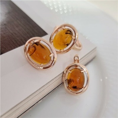 Комплект ювелирной бижутерии коллекция "Дубай",серьги и кольцо покрытие позолота, камень янтарь, р-р 18, 7602, арт.216.357-18