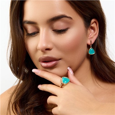 Комплект серьги и кольцо с камнем матового зеленого цвета, покрытие позолота, коллекция Дубайское золото, арт.215.651-17