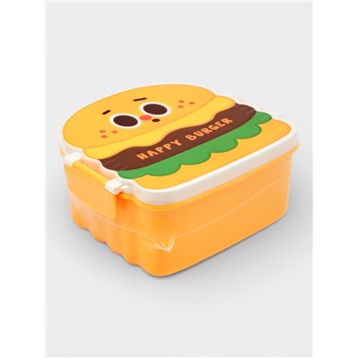 Ланч - бокс, контейнер для еды Доляна «Счастливый бургер», 3 ячейки, с ложкой и вилкой, 17.5×15.5×8 см, пластик, жёлтый