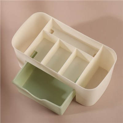 Органайзер для хранения косметики, 6 секций, с ящиком, 21×10.5×9 см, бежевый, зелёный