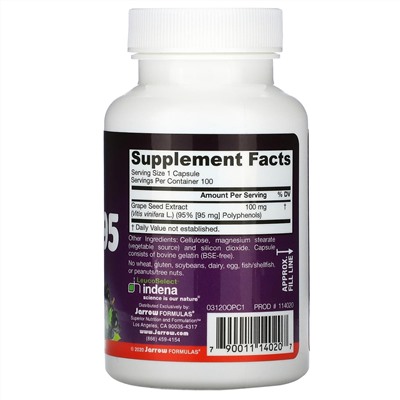 Jarrow Formulas, OPCs + 95, экстракт виноградных косточек, 100 мг, 100 капсул
