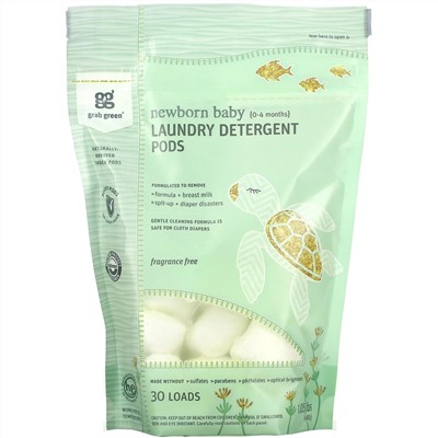 Grab Green, Newborn Baby Laundry Detergent Pods,  0-4 Months, Fragrance Free, 30 loads