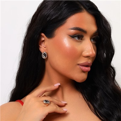 Комплект ювелирной бижутерии Дубайское золото серьги и кольцо, с двойным покрытием позолотой и посеребрением, вставка: фианиты, цвет: черный и прозрачный, 20 р, арт.214.766-20