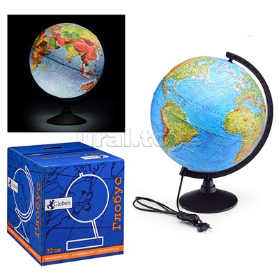 Глобус Земли физико-политический 320мм с подсветкой Рельефный Классик.