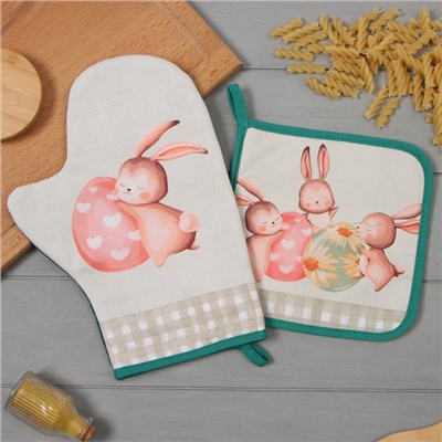 Набор кухонный «Этель. Пасхальный кролик»: варежка-прихватка 20×28 см, прихватка 19×19 см,100% хлопок
