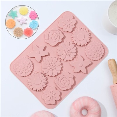 Форма для шоколада Доляна «Цветочная поляна», силикон, 22.5×16.5×0.5 см, 12 ячеек, цвет МИКС