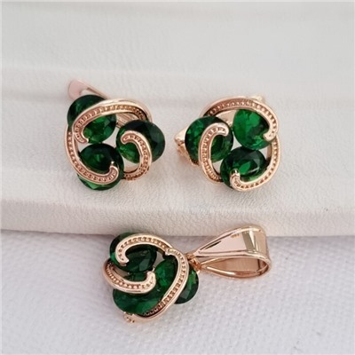 Комплект ювелирная бижутерия коллекция  "Дубай" серьги и кулон, покрытие: позолота, вставка: фианиты, цвет: зеленый, арт.215.426