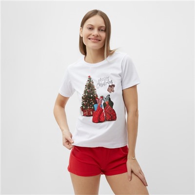 Пижама новогодняя женская (футболка, шорты) Tusi, белая, красная, размер 52