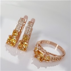 Комплект ювелирной бижутерии Дубайское золото, покрытие: позолота, серьги и кольцо 17 р, вставка: фианит, цвет: желтый, арт.314.768-17