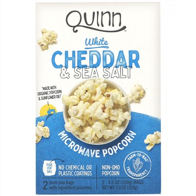 Quinn Popcorn, Microwave Popcorn, White Cheddar & Sea Salt, 2 Bags, 3.5 oz (100 g) Each