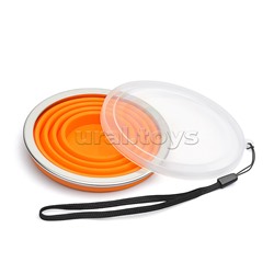 Стакан складной "Ultra thin" 270 мл, диаметр 10 см, высота 8,5 см, в сложенном виде 1,5 см, силиконовый, с металлическим ободком, с прозрачной пластиковой крышкой, с петлей для переноски, неоновый оранжевый