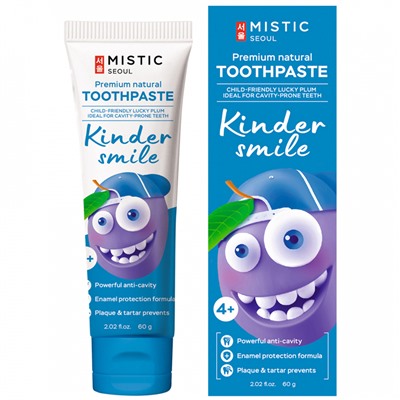 MISTIC Натуральная детская премиальная зубная паста KINDER SMILE Premium Natural Toothpaste KINDER SMILE LUCKY PLUM FOR CAVITY-PRONE TEETH (4+) 60 г