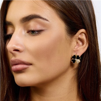 Серьги клевер ювелирная бижутерия Итальянское золото (покрытие желтое 14к), вставка: фианиты и пластик, цвет: прозрачный и черный, арт.217.426