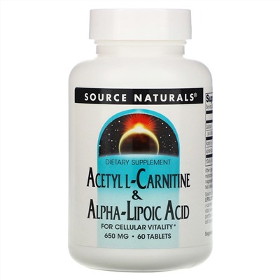 Source Naturals, ацетил-L-карнитин и альфа-липоевая кислота, 650 мг, 60 таблеток