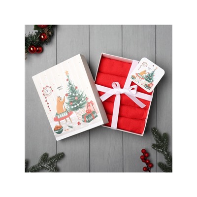 Махровые полотенца «Этель. Джингл белз», 30×30 см - 5 шт., хлопок 100%, красный