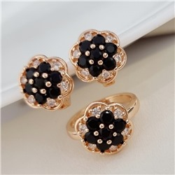 Комплект ювелирной бижутерии коллекция "Дубай" серьги и кольцо 17 р, покрытие позолота, вставка: фианиты, цвет: черный, арт.313.211-17