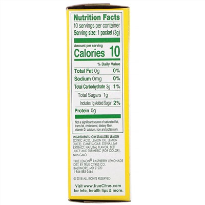 True Citrus, True Lemon, Малиновый лимонад, 10 пакетов, 1,06 унц. (30 г)