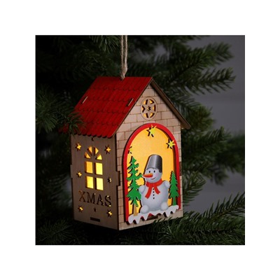 Ёлочная игрушка «Домик со снеговиком», 14.5×11×8.5 см, 1 LED, от батареек, свечение тёплое белое
