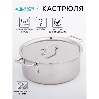 Кастрюля Катунь «Общепит», 12 л, d=35 см, h=14 см, капсульное дно, индукция, нержавеющая сталь