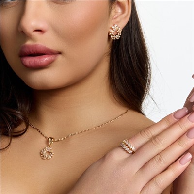 Комплект ювелирной бижутерии коллекция "Дубай" в форме веточки серьги, кулон и кольцо 19 р, покрытие позолота, вставка: фианиты, цвет: прозрачный, арт.217.508-19