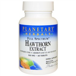 Planetary Herbals, Экстракт боярышника полного спектра, 550 мг, 60 таблеток