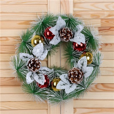 Венок новогодний d=27 см «Зимнее волшебство. Шишки и листики», в снегу