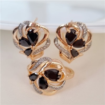Комплект ювелирная бижутерия коллекция  "Дубай" серьги и кольцо 18 р, покрытие: позолота, вставка: фианиты, цвет: черный, арт.217.287-18