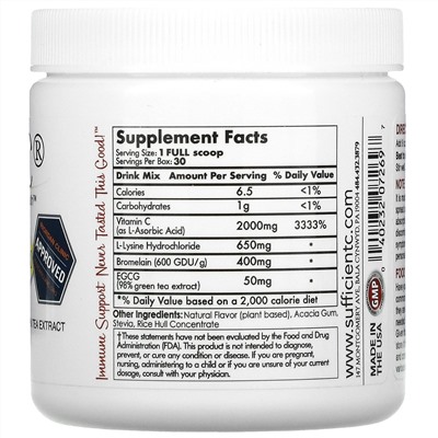 Sufficient C, High Dosed Immune-Ade Drink Mix, Lemon Peach, 4,000 mg, 125 g