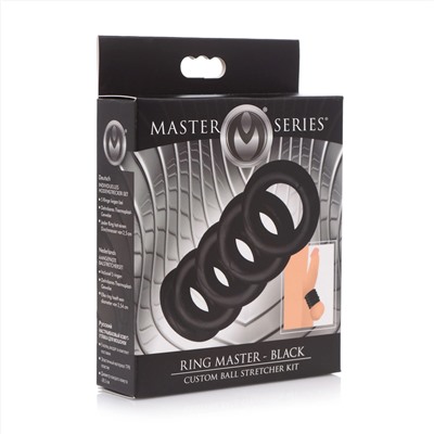 Комплект из 5 черных эрекционных колец для мошонки Ring Master Custom Ball Stretcher Kit