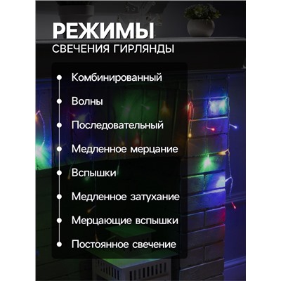 Гирлянда «Бахрома» 1.8×0.5 м, IP20, прозрачная нить, 48 LED, свечение мульти, 8 режимов, 220 В