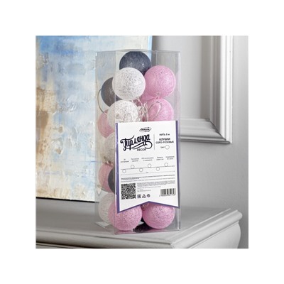 Гирлянда «Нить» 5 м с насадками «Клубки серо-розовые», IP20, прозрачная нить, 20 LED, свечение белое, 220 В