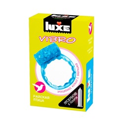 Голубое эрекционное виброкольцо Luxe VIBRO «Райская птица» + презерватив