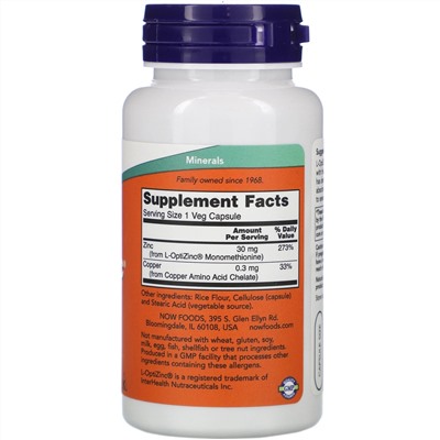 Now Foods, L-OptiZinc, 30 мг, 100 растительных капсул