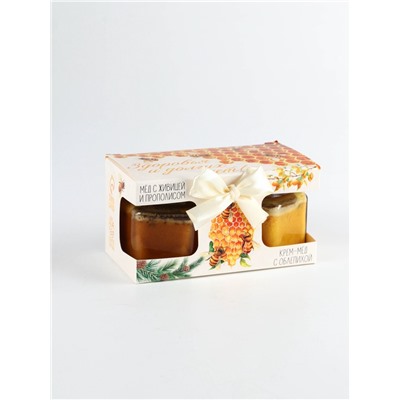Подарочный набор новогодний «Здоровья и долголетия», мёд с прополисом, крем-мёд с облепихой