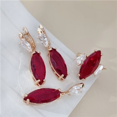 Комплект ювелирной бижутерии коллекция "Дубай" серьги, кулон и кольцо 20 р, покрытие позолота, вставка: стекло и фианиты, цвет: красный и прозрачный, арт.414.250-20
