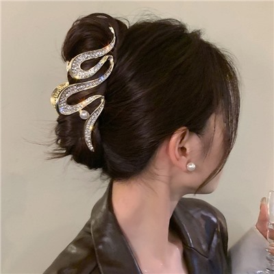 Краб для волос металлический блестящий Змейка с Жемчужиной, 11 см.