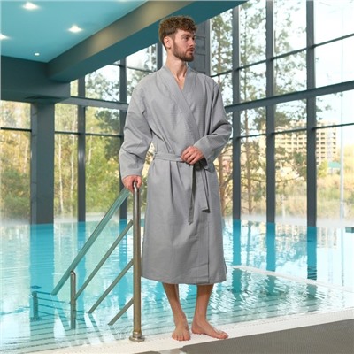 Халат вафельный мужской удлинённый Экономь и Я размер 46-48, цвет серый, 100% хлопок, 200 г/м²