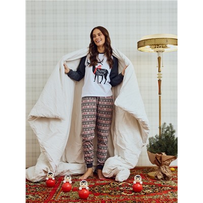 Пижама новогодняя женская (лонгслив, брюки) Tusi, серая, размер 44
