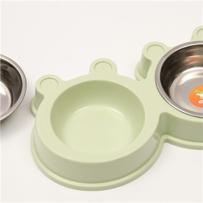 Миска металлическая двойная на пластиковой основе 2×160 мл, 28×15.5×4 см, зелёная